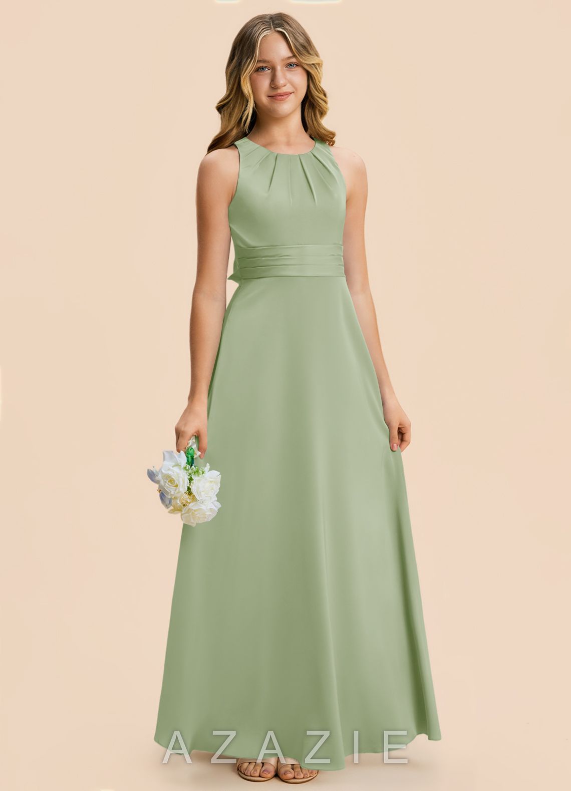 Azazie Christina Junior Dusty Sage A-Line Ruched Stretch Satin Dress dusty_sage