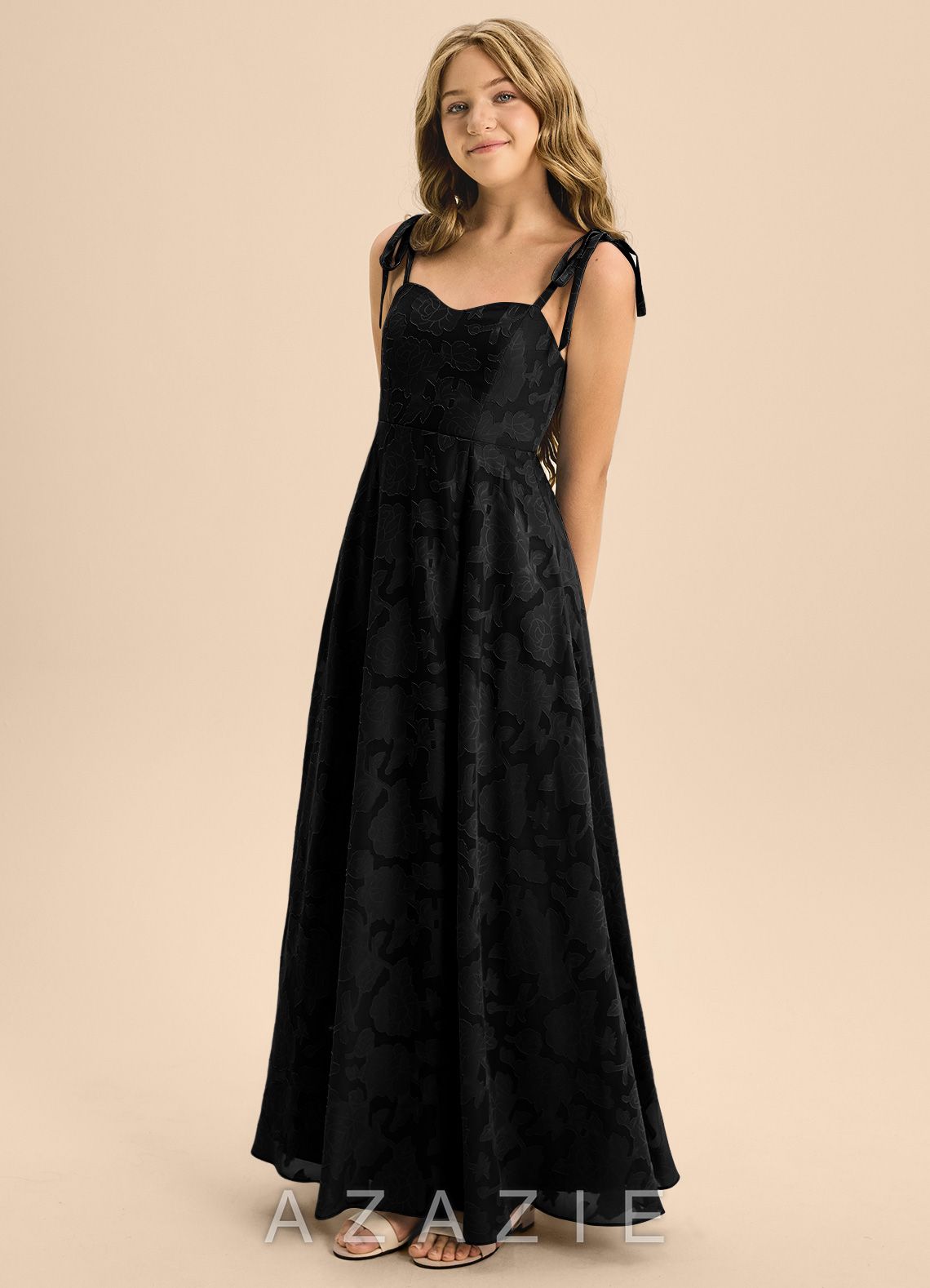 Azazie Rosey Junior Black A-Line Sweetheart Neckline Floral Burnout Dress