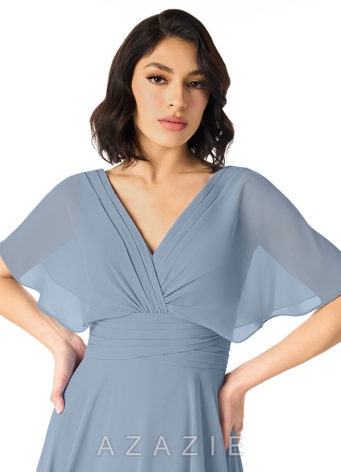 Azazie Pamela Dusty Blue A-Line V-Neck Pleated Chiffon Dress dusty_blue