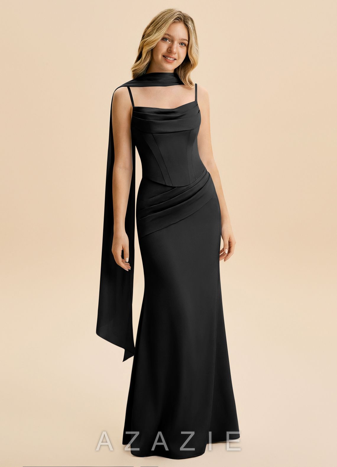 Azazie Sorrel Junior Black Mermaid Ruched Stretch Satin Dress black