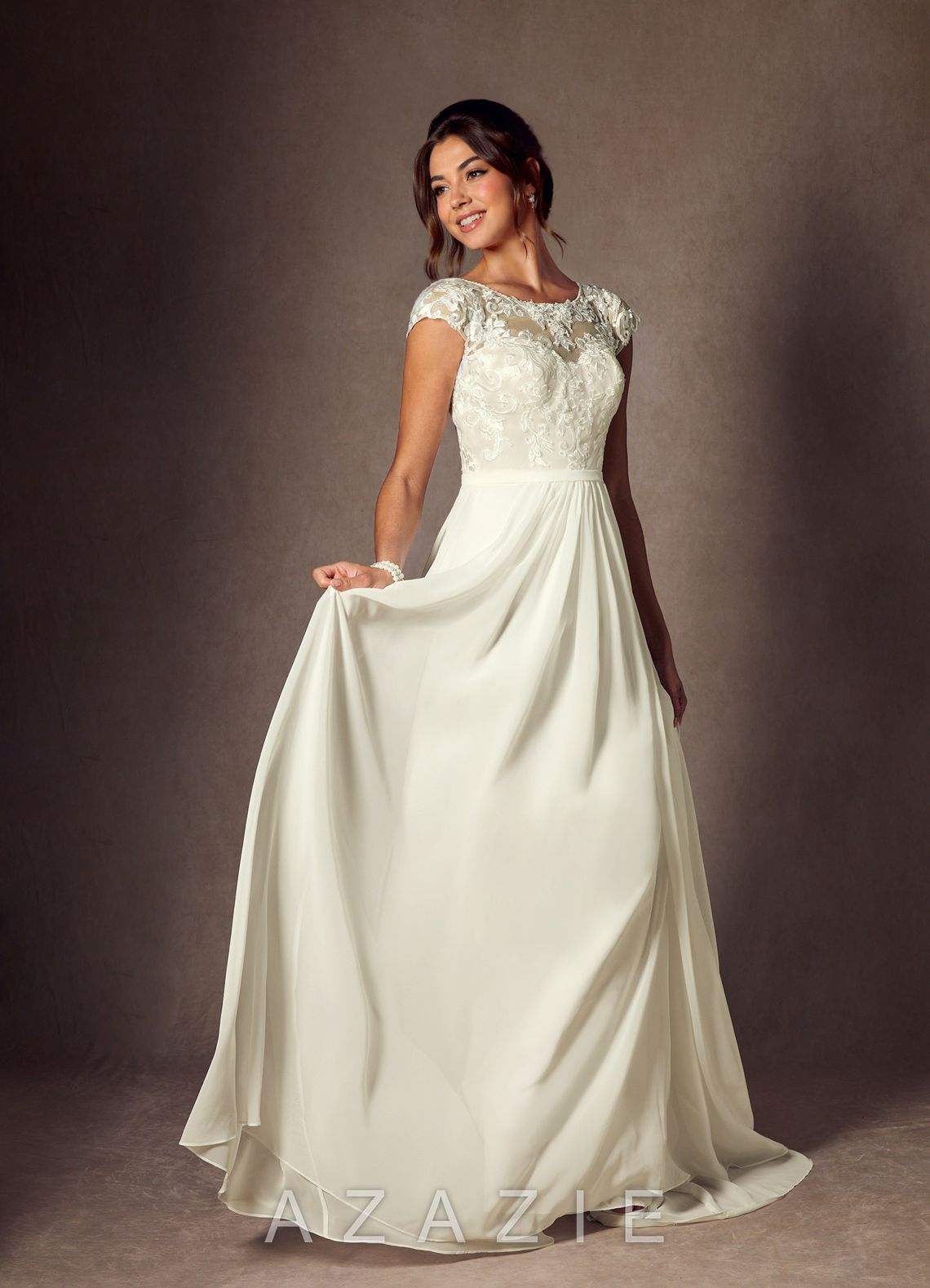 Azazie Brynslee Wedding Dress Cream A-Line Scoop Sequins Chiffon Dress cream