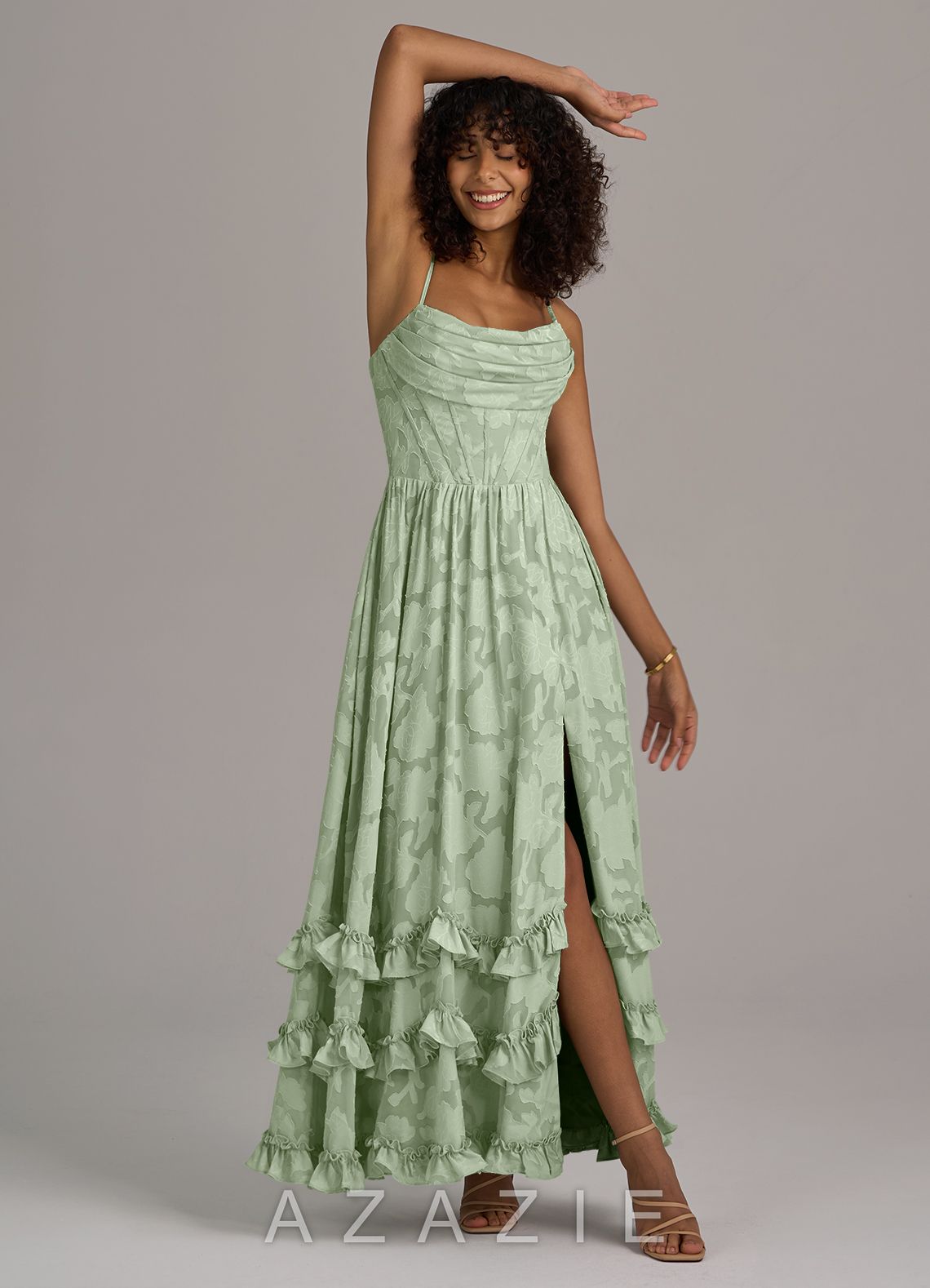 Azazie Lettie Dusty Sage A-Line Corset Floral Burnout Dress dusty_sage