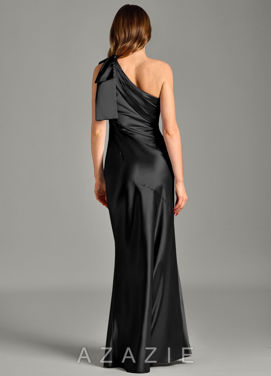 Azazie Yuanna Black Mermaid One Shoulder Metallic Satin Dress black