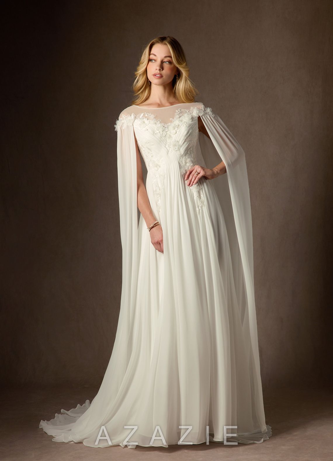 Azazie Linnea Wedding Dress Cream A-Line Scoop Chiffon Dress cream