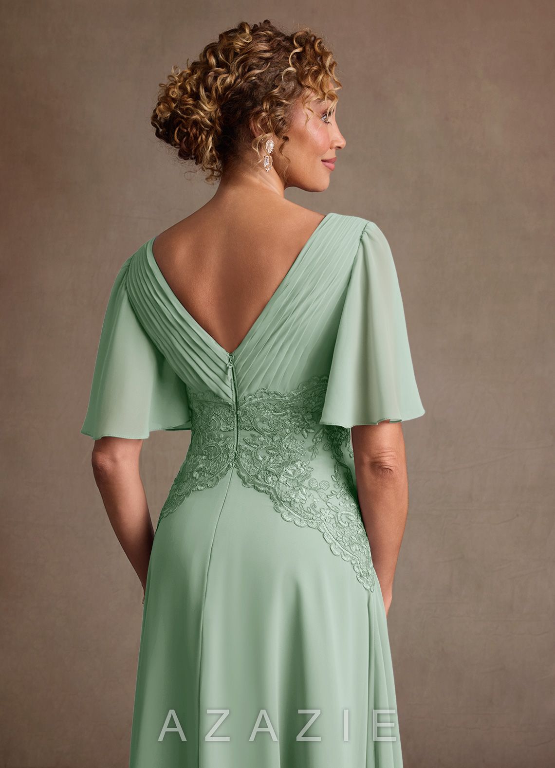 Azazie Milliat Agave A-Line Lace Chiffon Dress agave