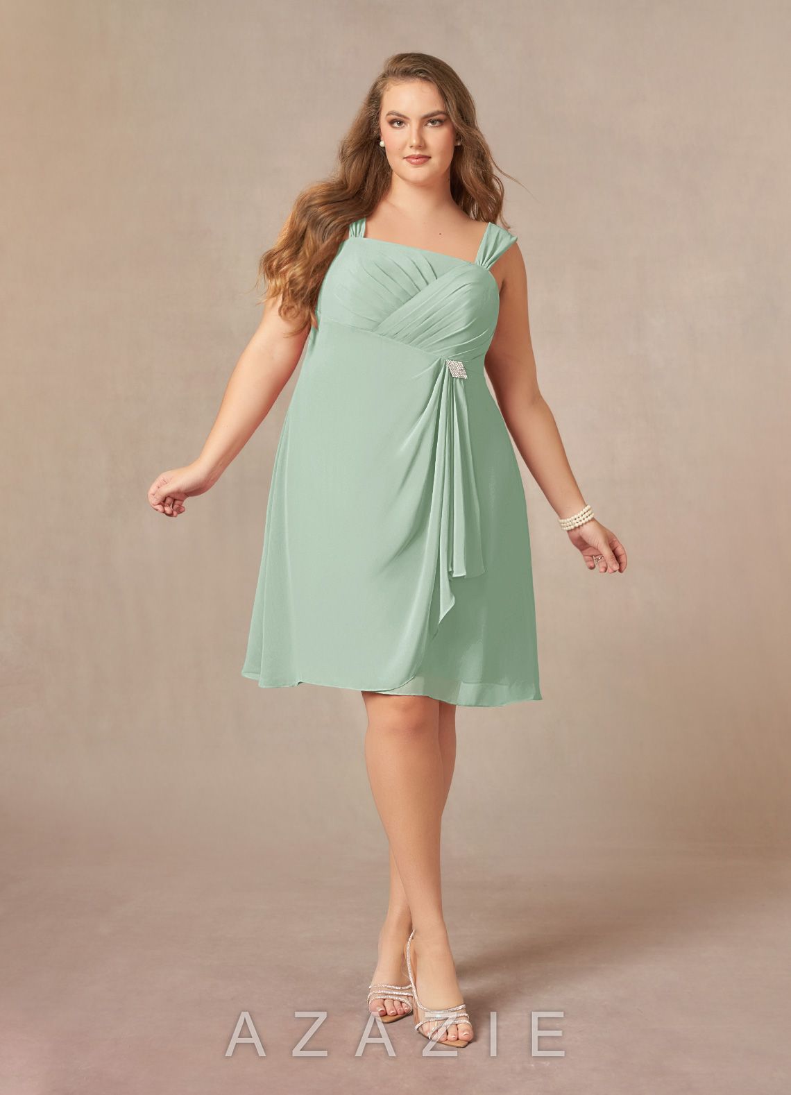 Azazie Olivia Agave A-Line Square Neckline Pleated Chiffon Dress agave