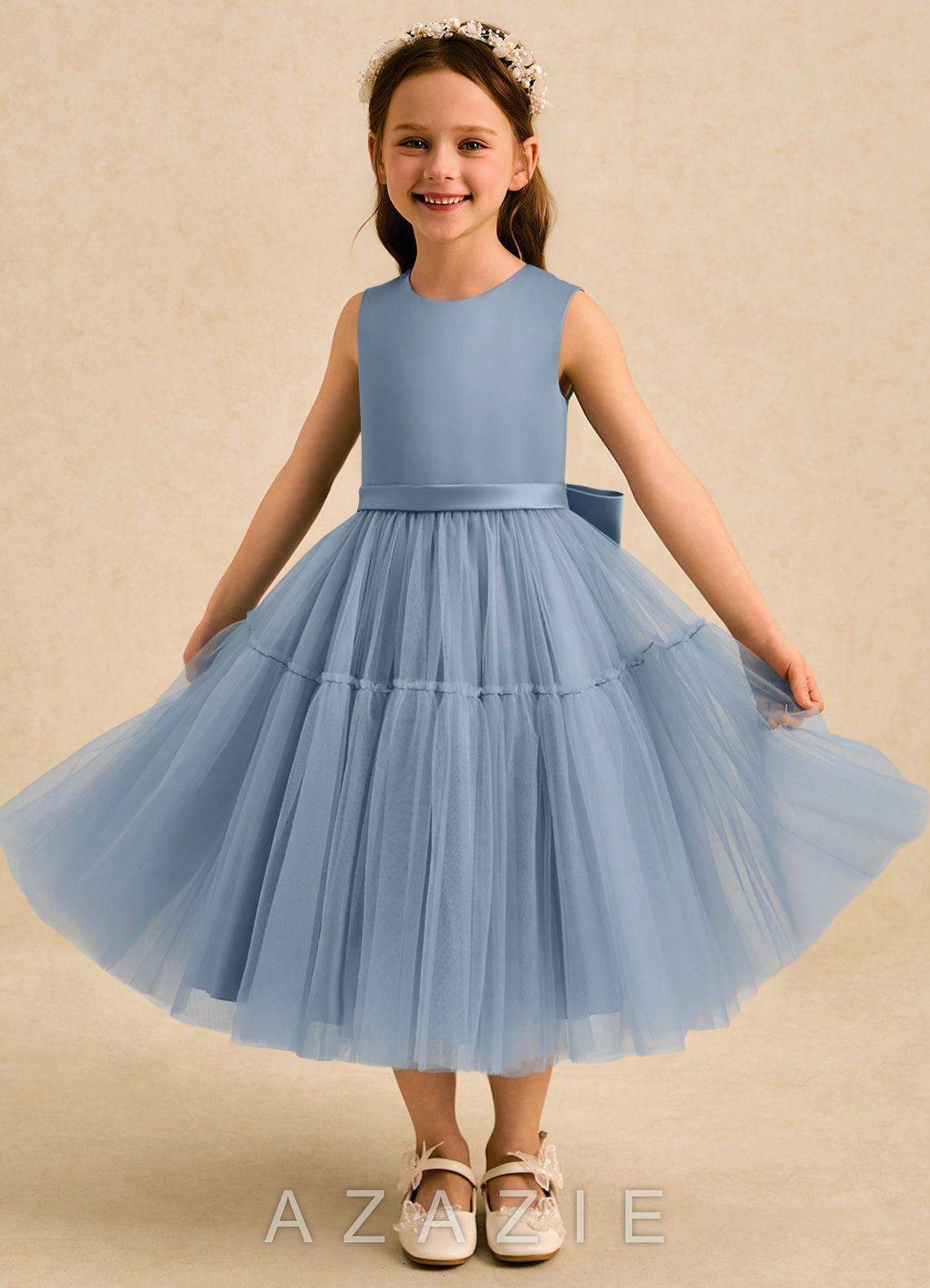 Azazie Kennedy Dusty Blue A-Line Ruched Tulle Dress