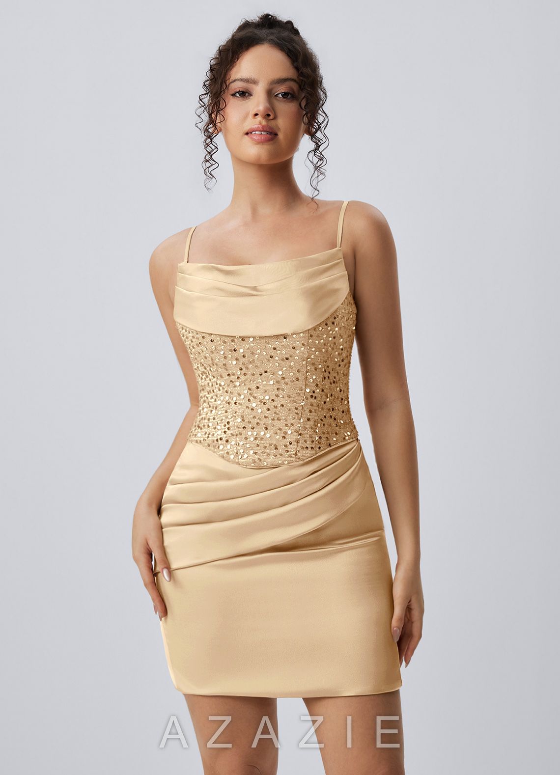 Irene Champagne Satin Sequin Lace-Up Mini Dress