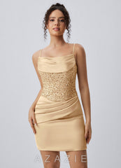 Irene Champagne Satin Sequin Lace-Up Mini Dress