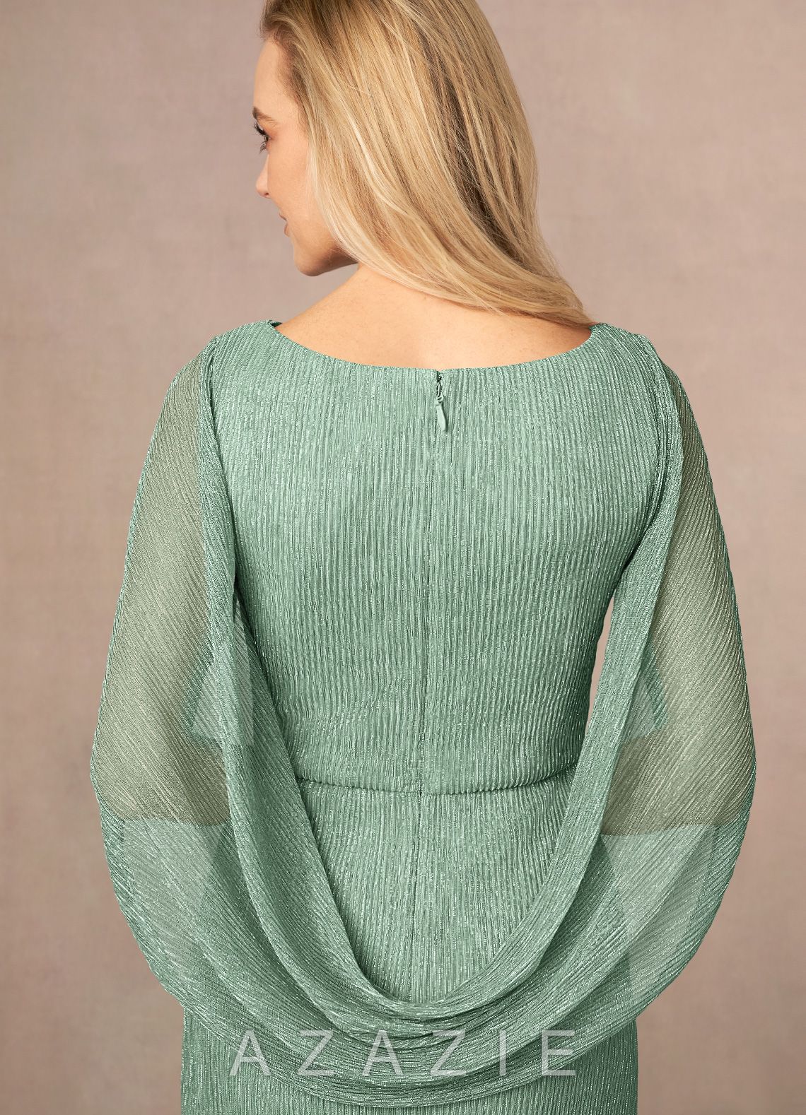 Azazie Paige Aquamarine Sheath Pleated Cape Metallic Mesh Dress aquamarine