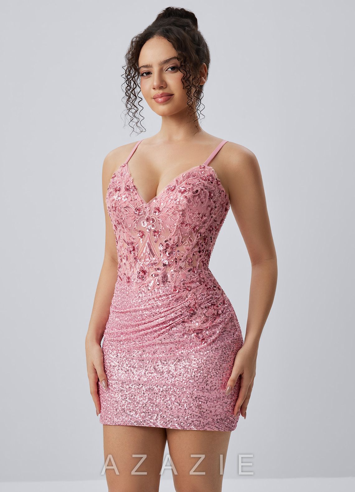 Milleca Pink Sequins Corset Lace-Up Mini Dress