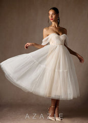 Azazie Vienna Wedding Dress Diamond White Champagne A-Line Off-The-Shouler Tulle Dress