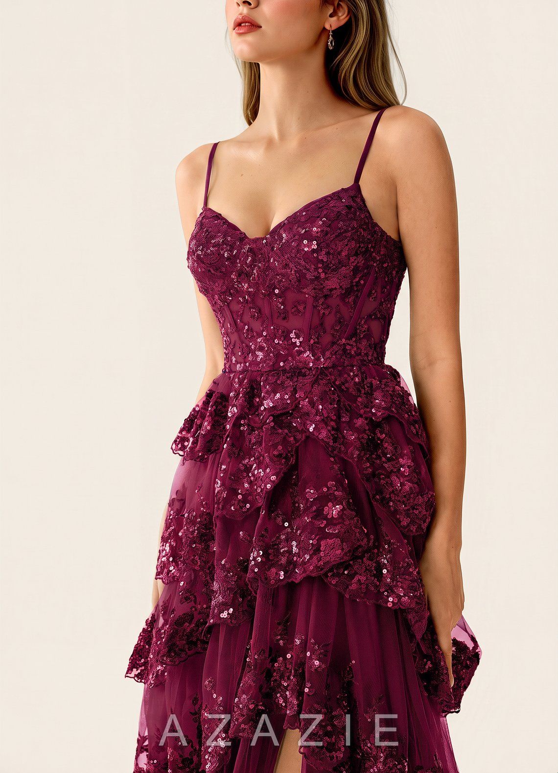 Tindra Burgundy Sequins Ruffles Prom Dress