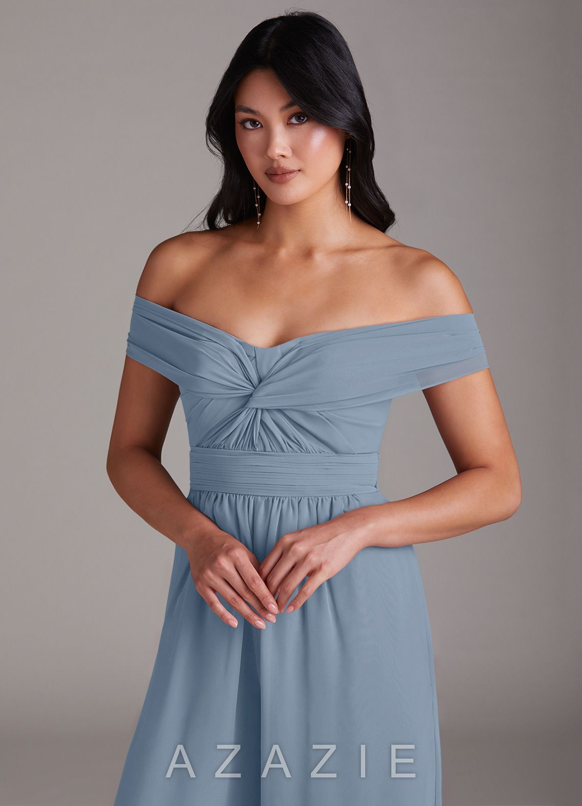 Azazie Lamara Dusty Blue Off the Shoulder Chiffon Convertible Jumpsuit dusty_blue