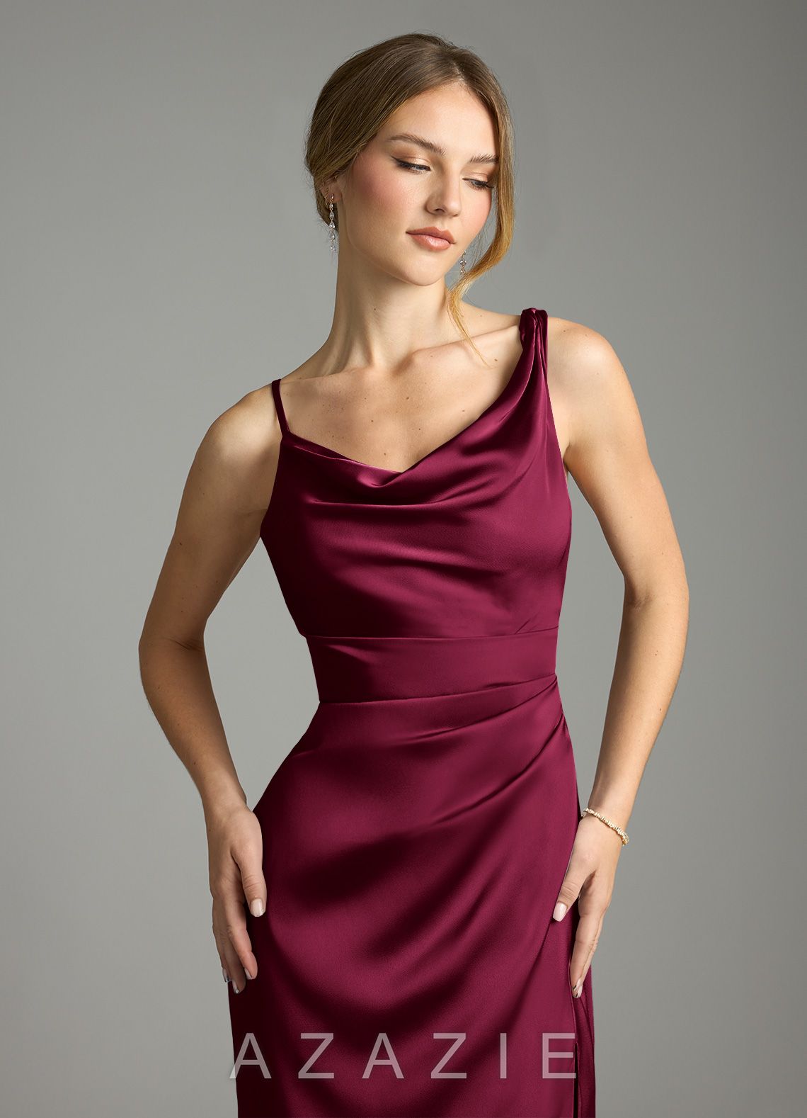 Azazie Samara Burgundy Mermaid Pleated Stretch Satin Dress burgundy