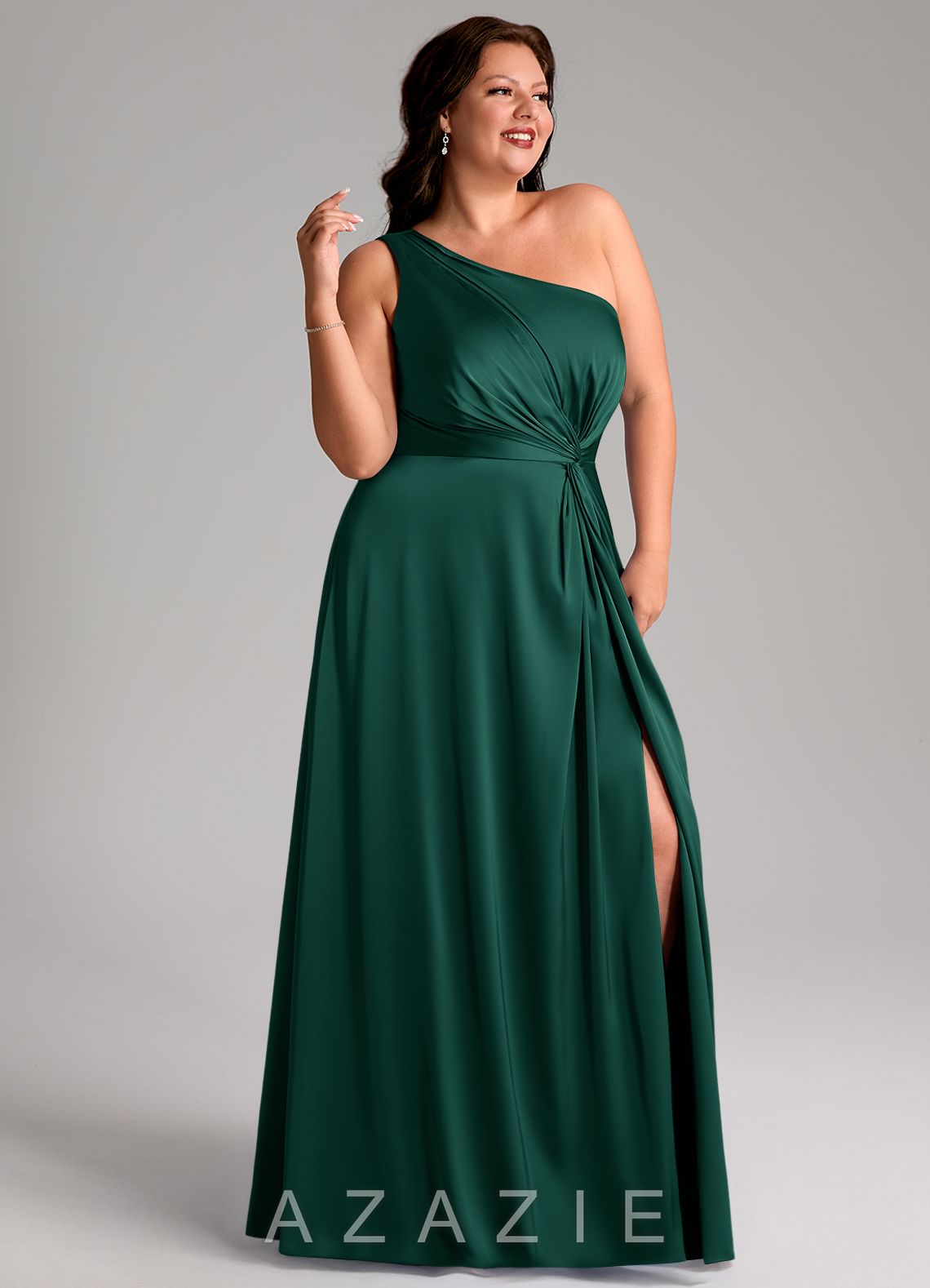 Azazie Brooke Emerald A-Line One Shoulder Stretch Satin Dress emerald