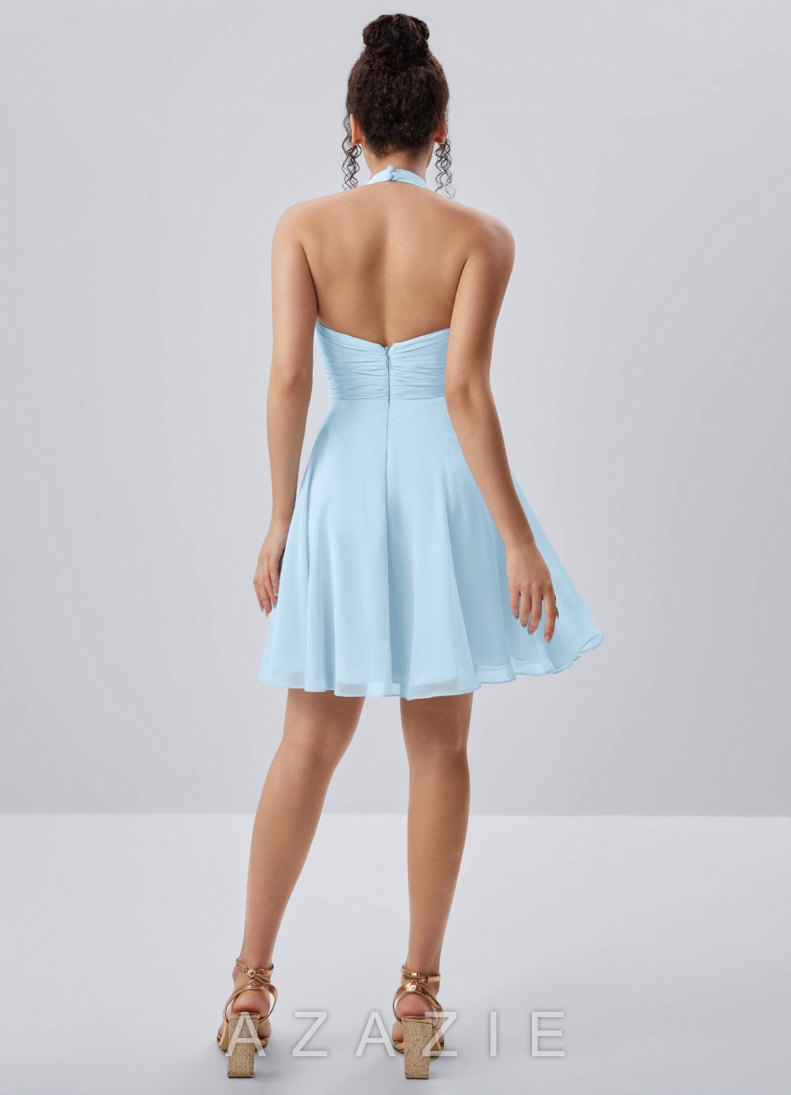 Joviannelle Light Blue Halter Hand Ruched Chiffon Mini Dress