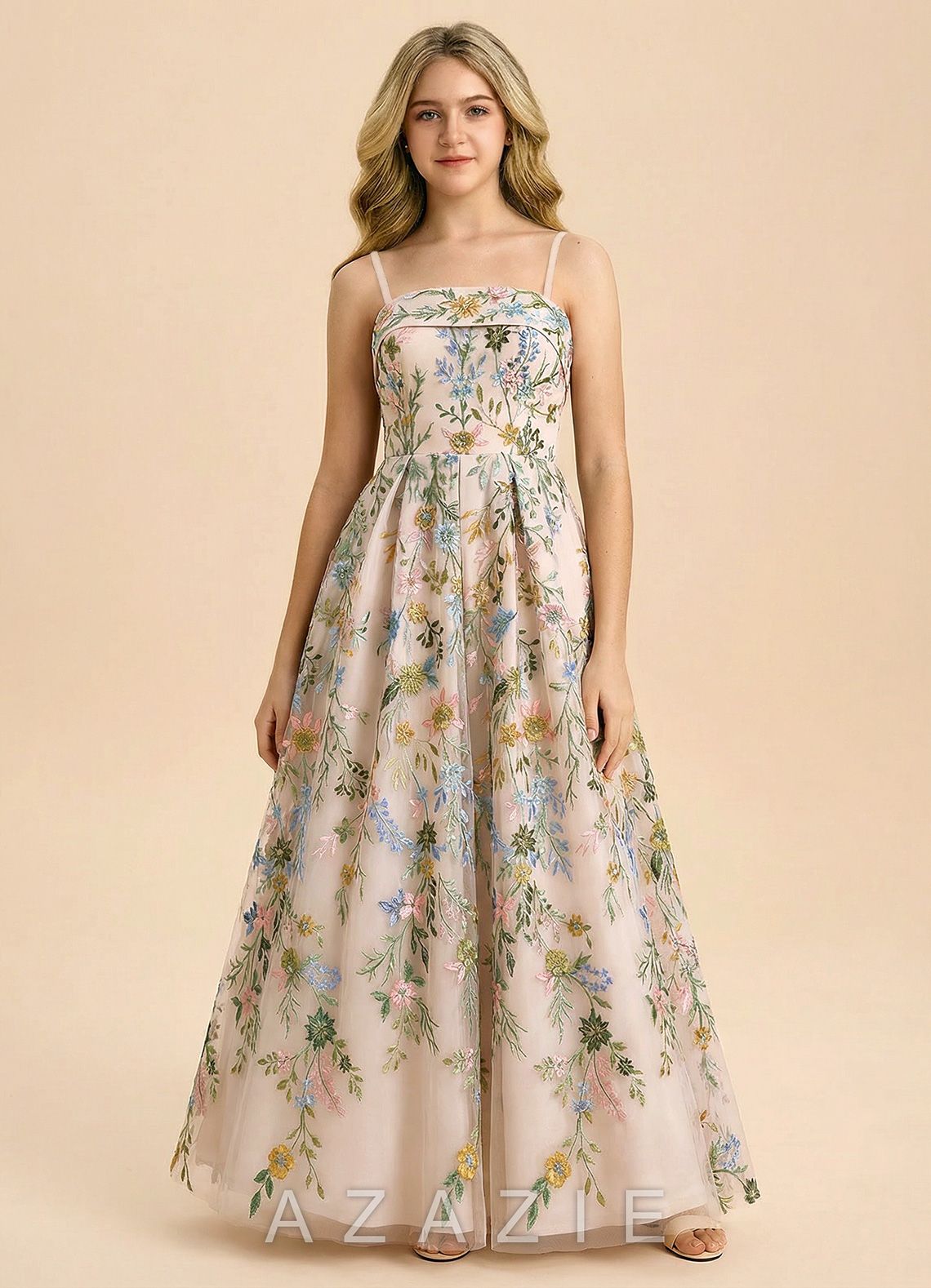 Azazie Evangeline Junior Formal Dress Blush Garden Floral A-Line Pleated 3D Floral Embroidered Lace Dress blush_garden_floral