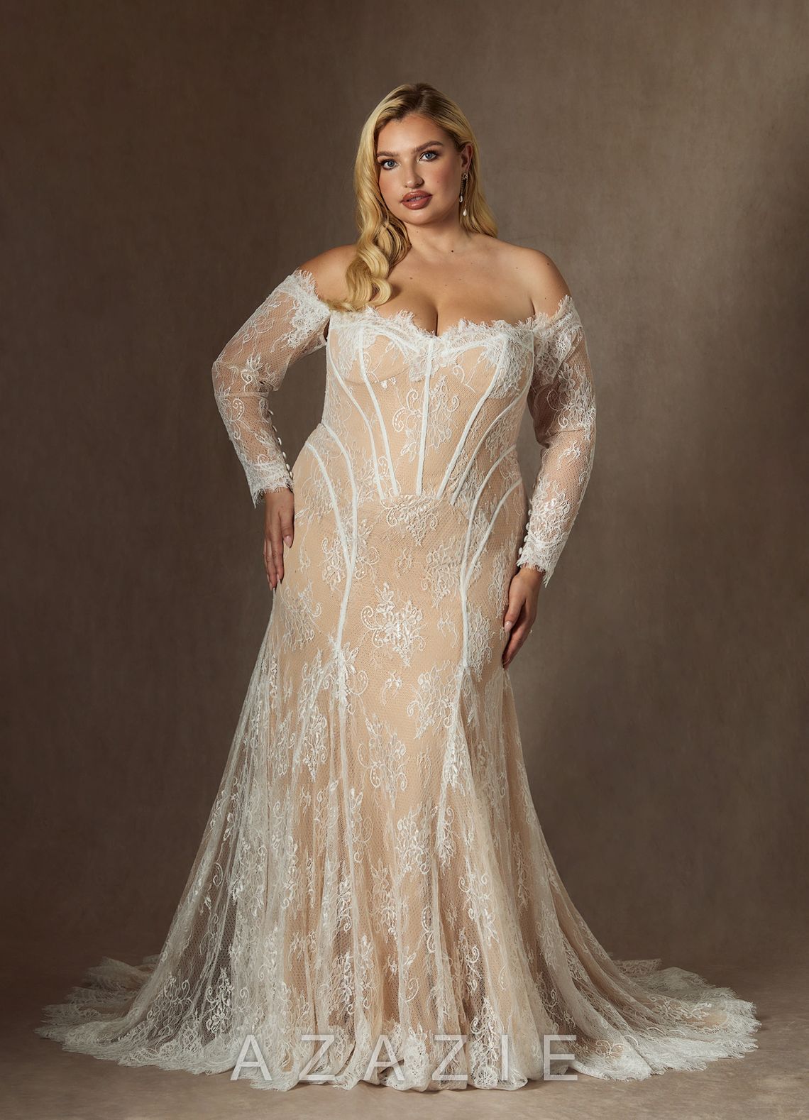 Azazie Katherine Wedding Dress Diamond White Champagne Mermaid Off the Shoulder Tulle Dress diamond_white/champagne