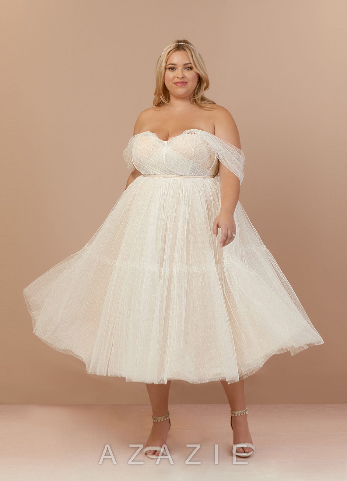 Azazie Vienna Wedding Dress Diamond White Champagne A-Line Off-The-Shouler Tulle Dress diamond_white/champagne