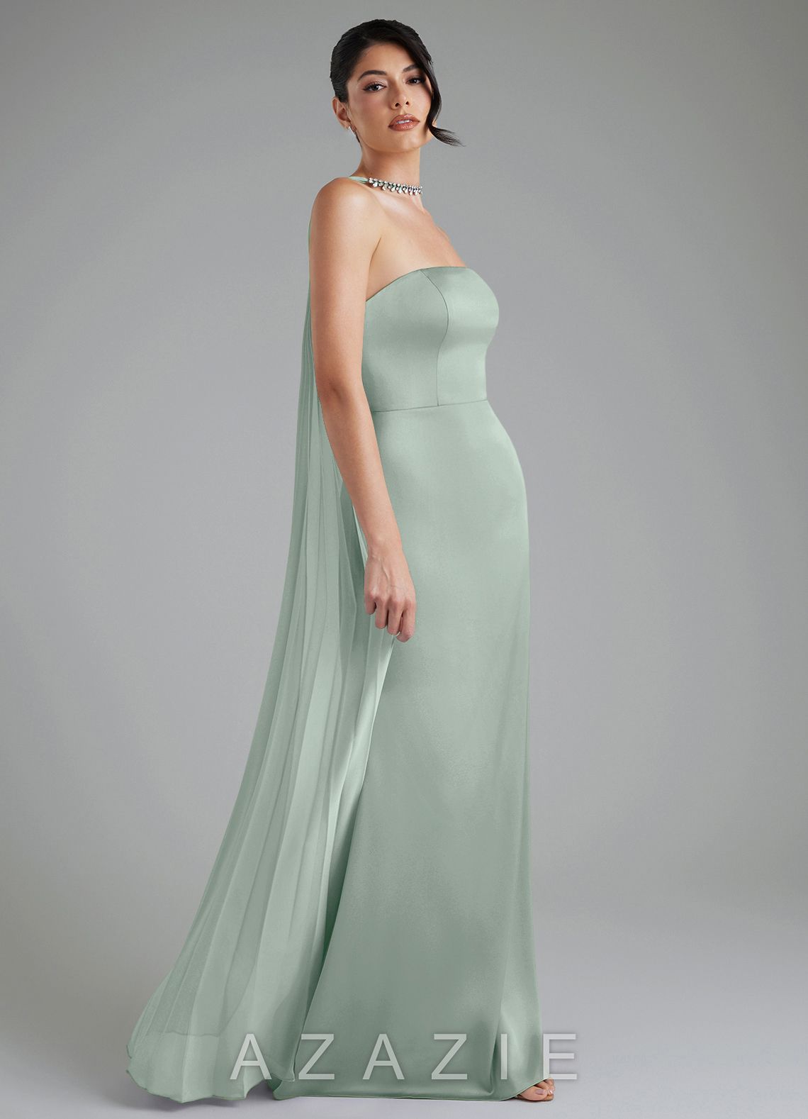 Azazie Tyler Agave Sheath Strapless Stretch Satin Convertible Dress agave