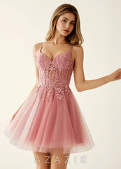 Linevange Dusty Pink Beading Lace Sequin Embroidery Tulle Mini Dress