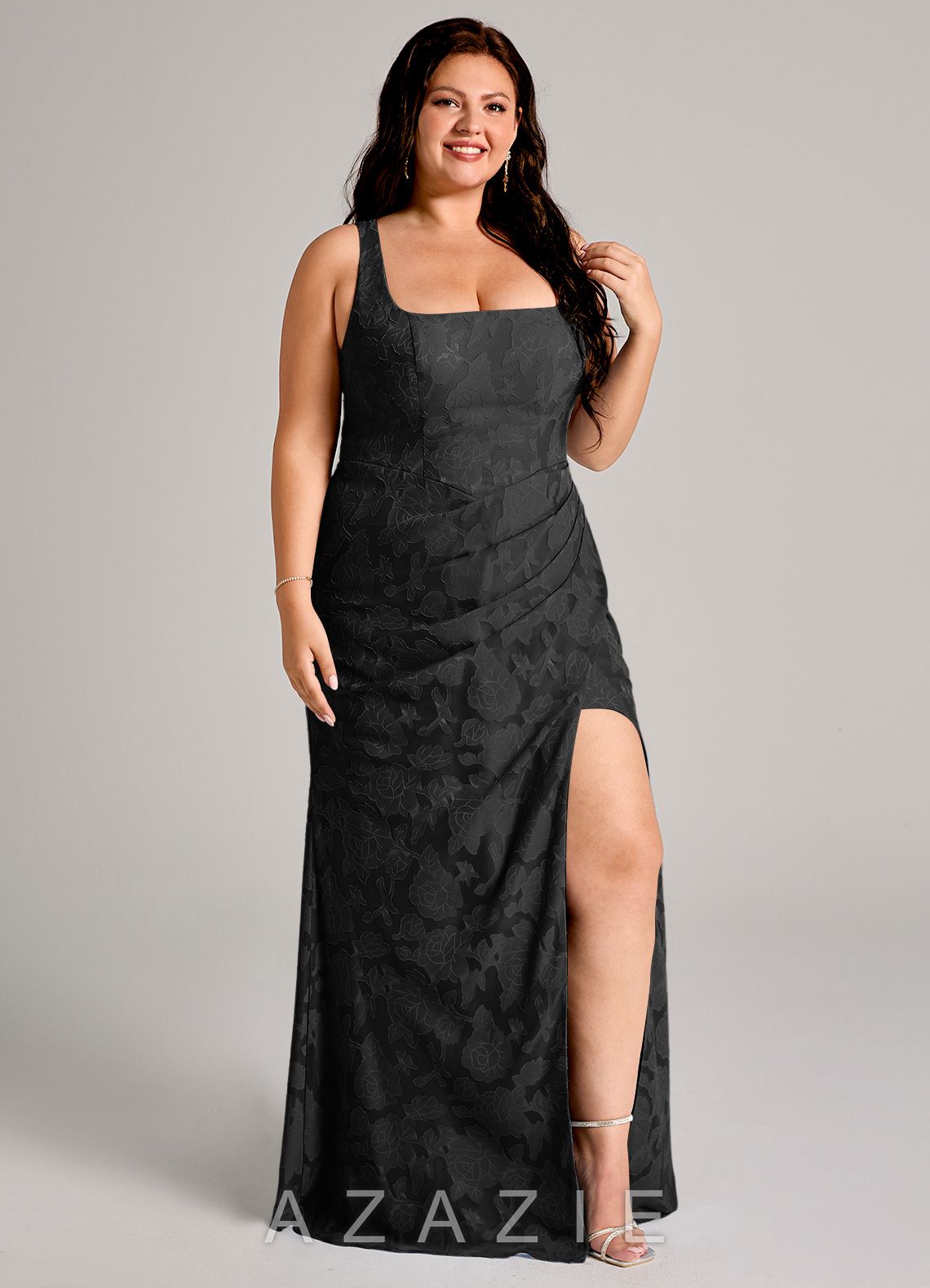 Azazie Mero Black Sheath Pleated Floral Burnout Dress black