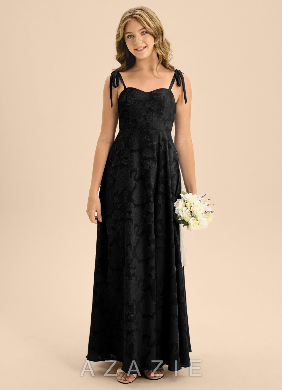 Azazie Rosey Junior Black A-Line Sweetheart Neckline Floral Burnout Dress black