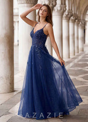 Milliener Navy Tulle Flowers Prom Dress