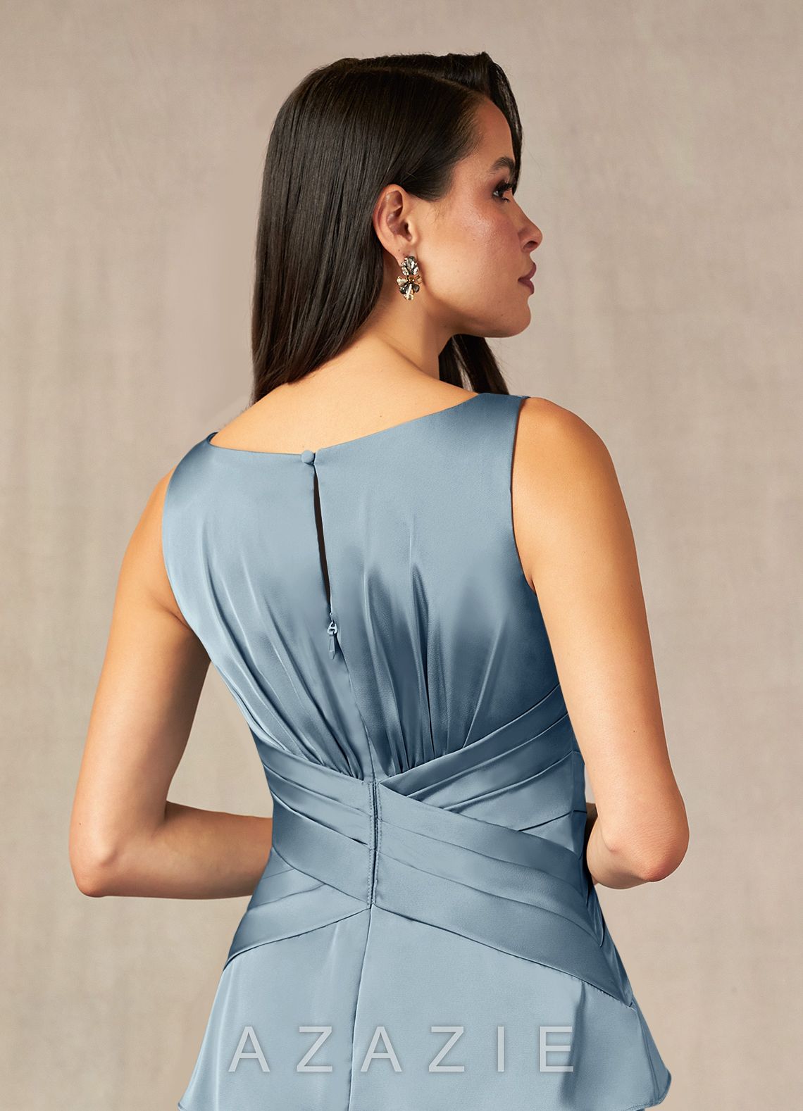 Azazie Viola Dusty Blue A-Line Pleated Stretch Satin Dress dusty_blue