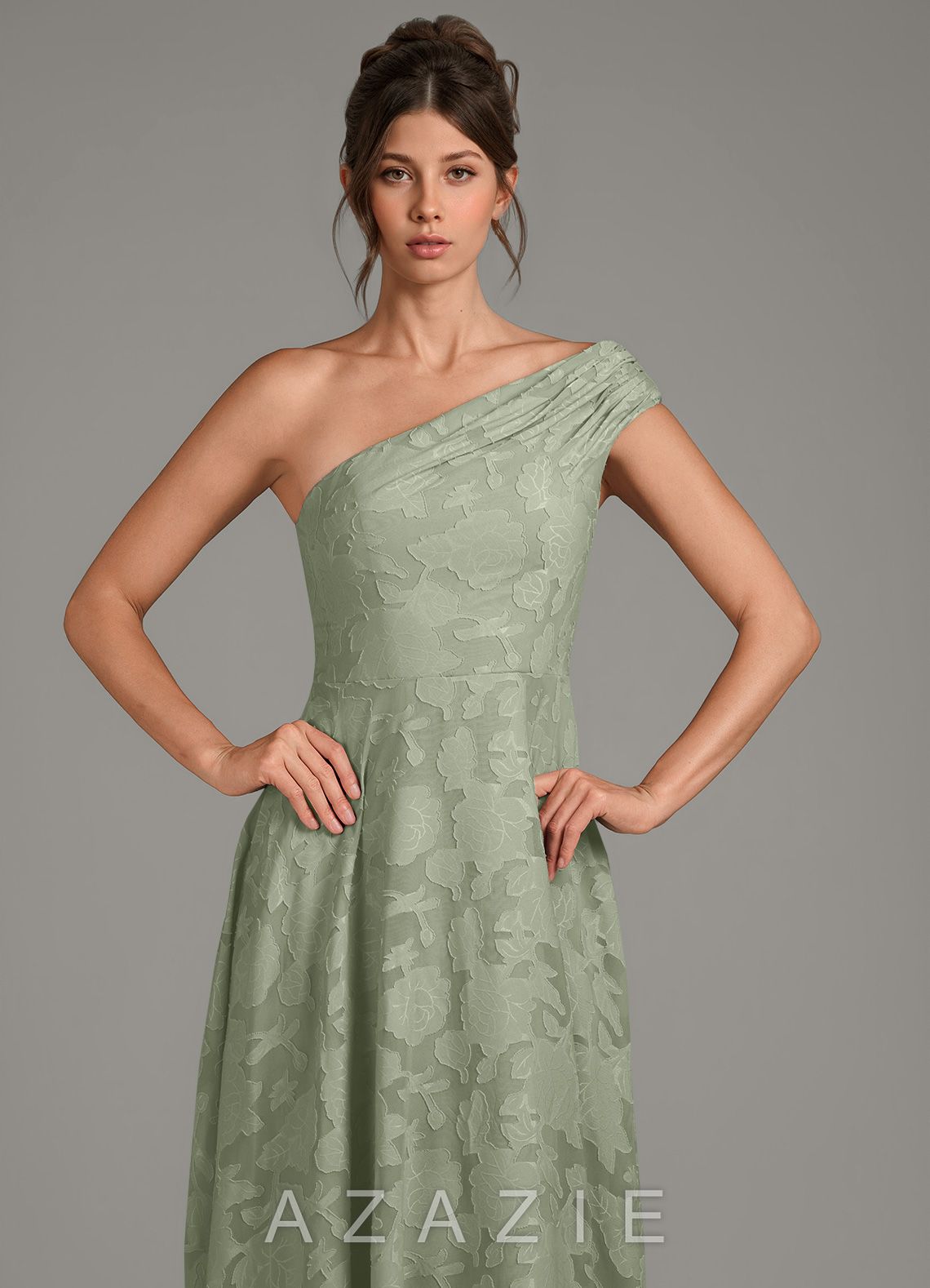 Azazie Melanie Agave A-Line One Shoulder Floral Burnout Dress agave