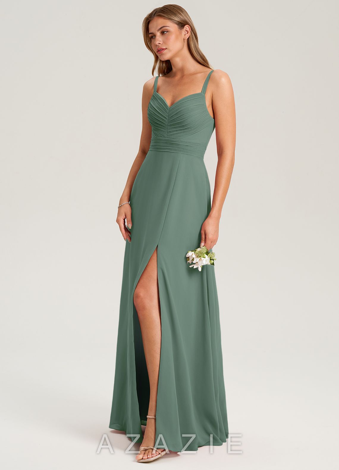 Azazie Terese Eucalyptus A-Line Pleated Chiffon Dress eucalyptus