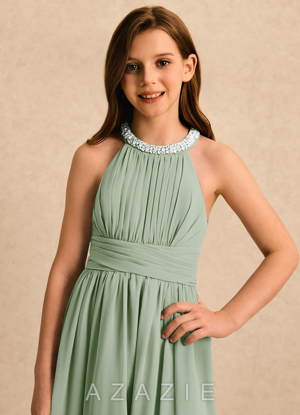 Azazie Aria Girls Formal Dusty Sage A-Line Pleated Chiffon Dress dusty_sage