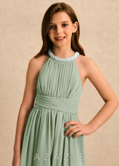 Azazie Aria Girls Formal Dusty Sage A-Line Pleated Chiffon Dress dusty_sage