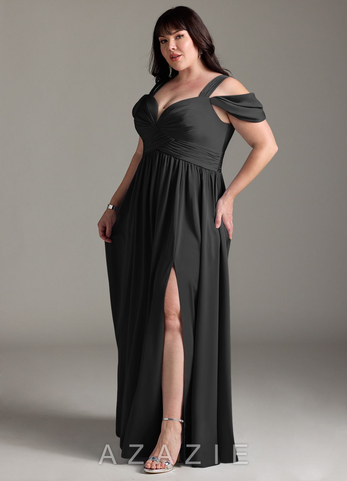 Azazie Lianne Black A-Line Off the Shoulder Stretch Satin Dress black