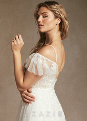 Azazie Iva Wedding Dress Diamond White Champagne A-Line V-Neck Sequins Tulle Dress diamond_white/champagne