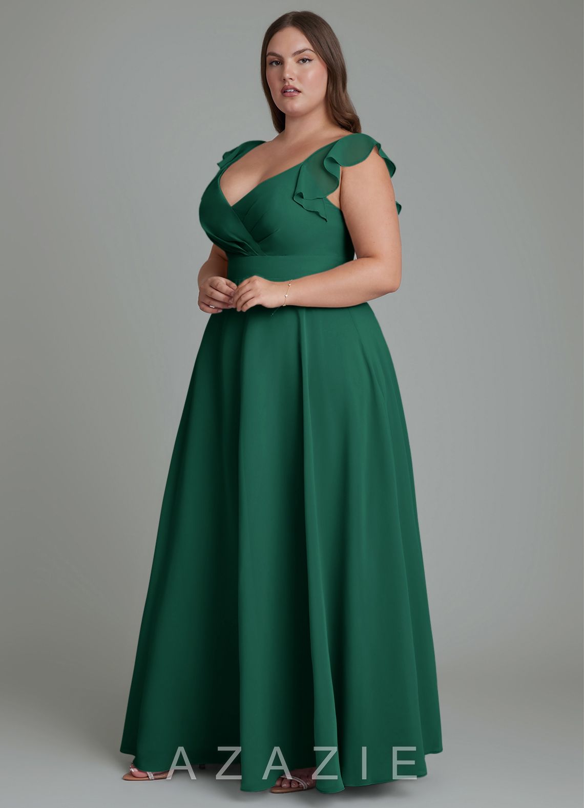 Azazie Leilani Emerald A-Line Pleated Chiffon Dress emerald