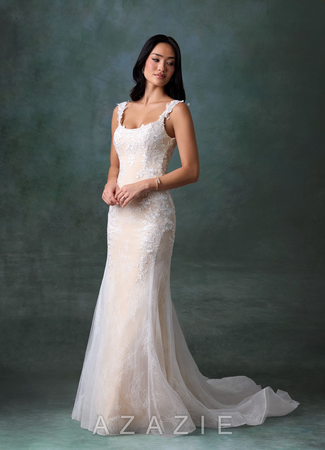 Azazie Veronica Diamond White Champagne Mermaid Tulle Dress diamond_white/champagne