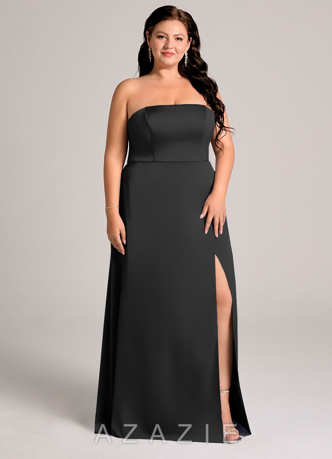 Azazie Wren Black A-Line Strapless Stretch Satin Convertible Dress black