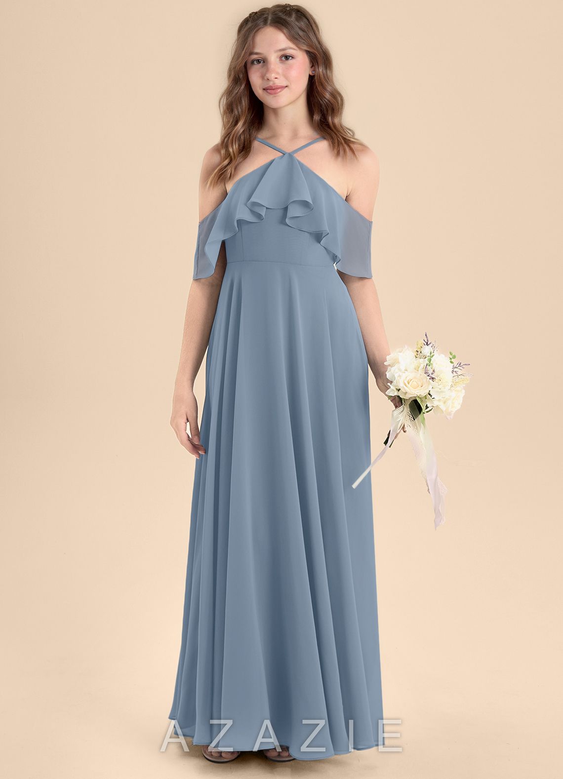 Azazie Tessabelle Junior Dusty Blue A-Line Off the Shoulder Chiffon Dress dusty_blue