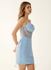 Faustine Sky Blue Beading Sequins Lace Up Back Mini Dress
