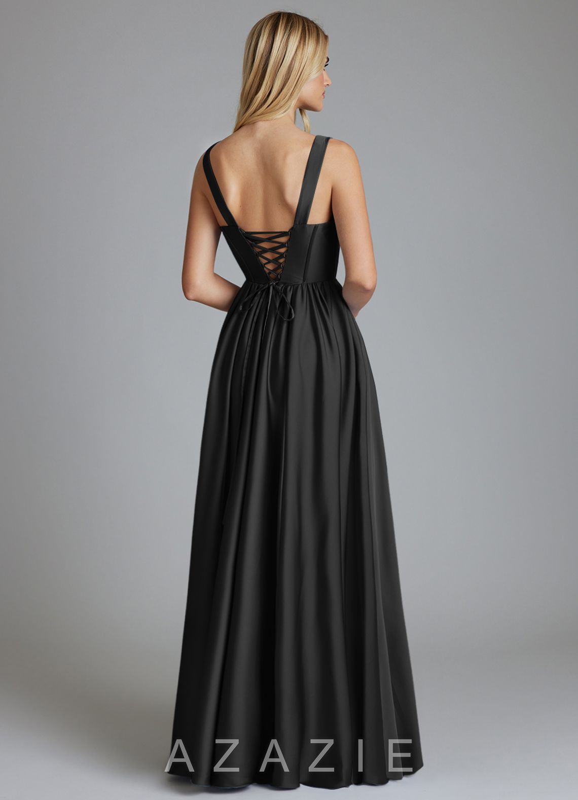 Azazie Delmie Black A-Line Corset Stretch Satin Dress black