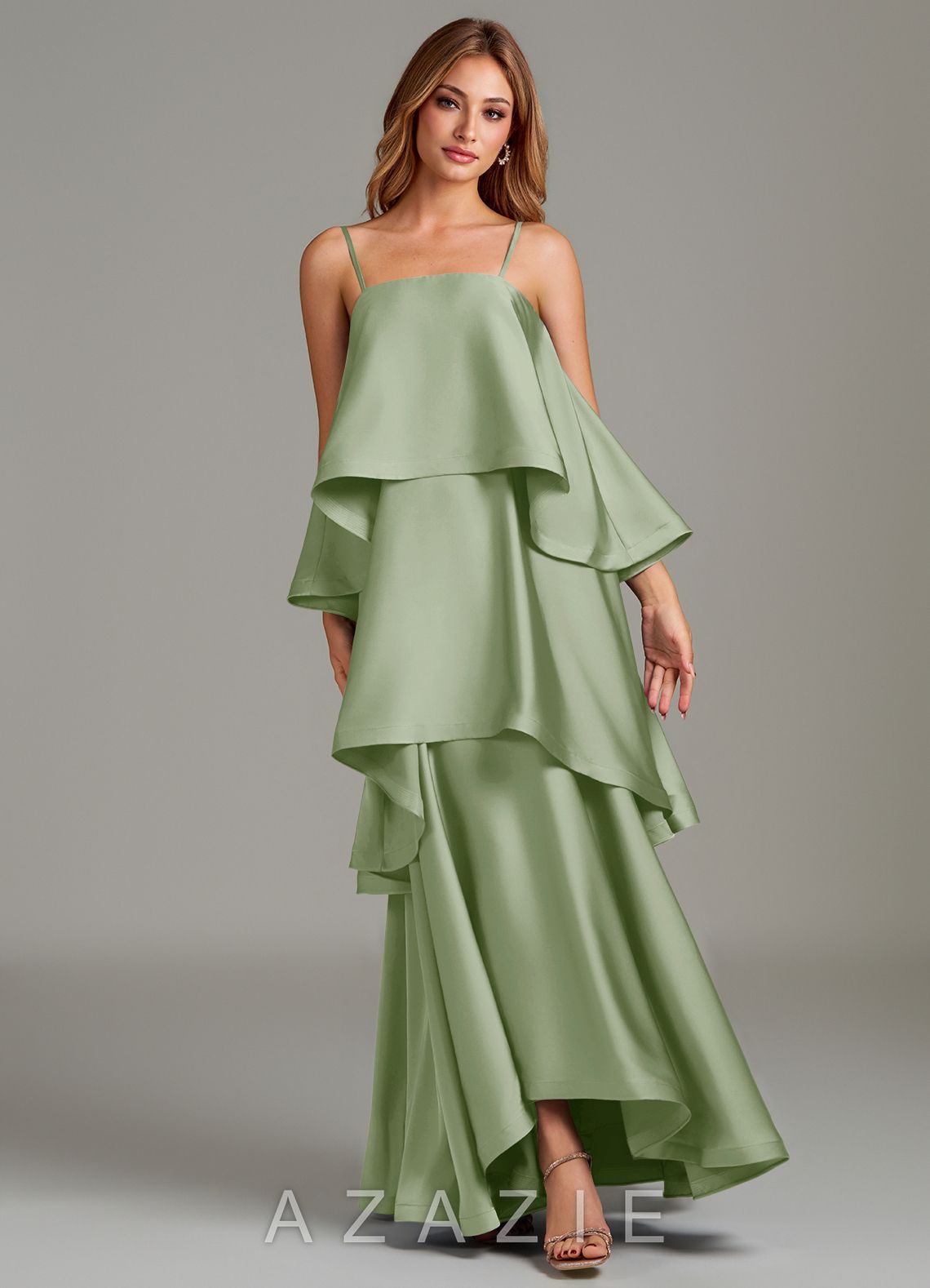 Azazie Azalea Dusty Sage A-Line Ruched Stretch Satin Dress dusty_sage