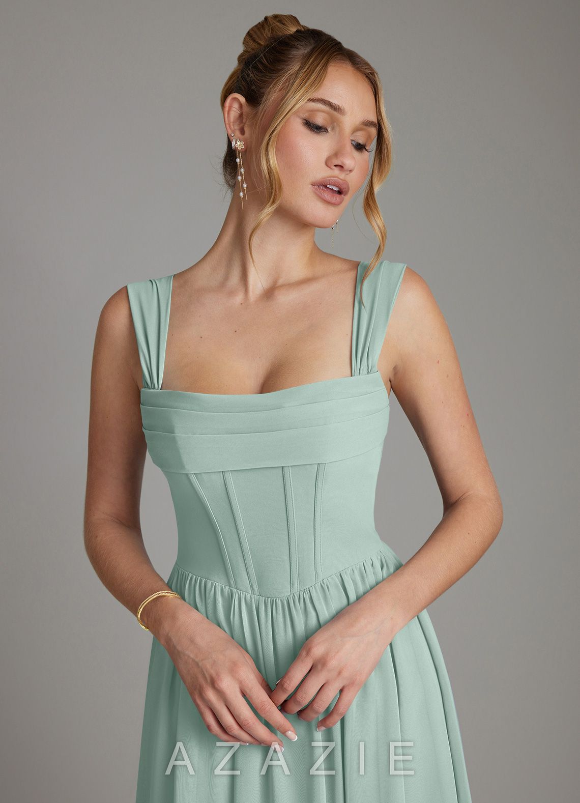 Azazie Caterina Agave A-Line Corset Chiffon Dress agave