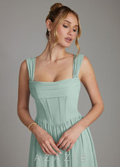 Azazie Caterina Agave A-Line Corset Chiffon Dress agave