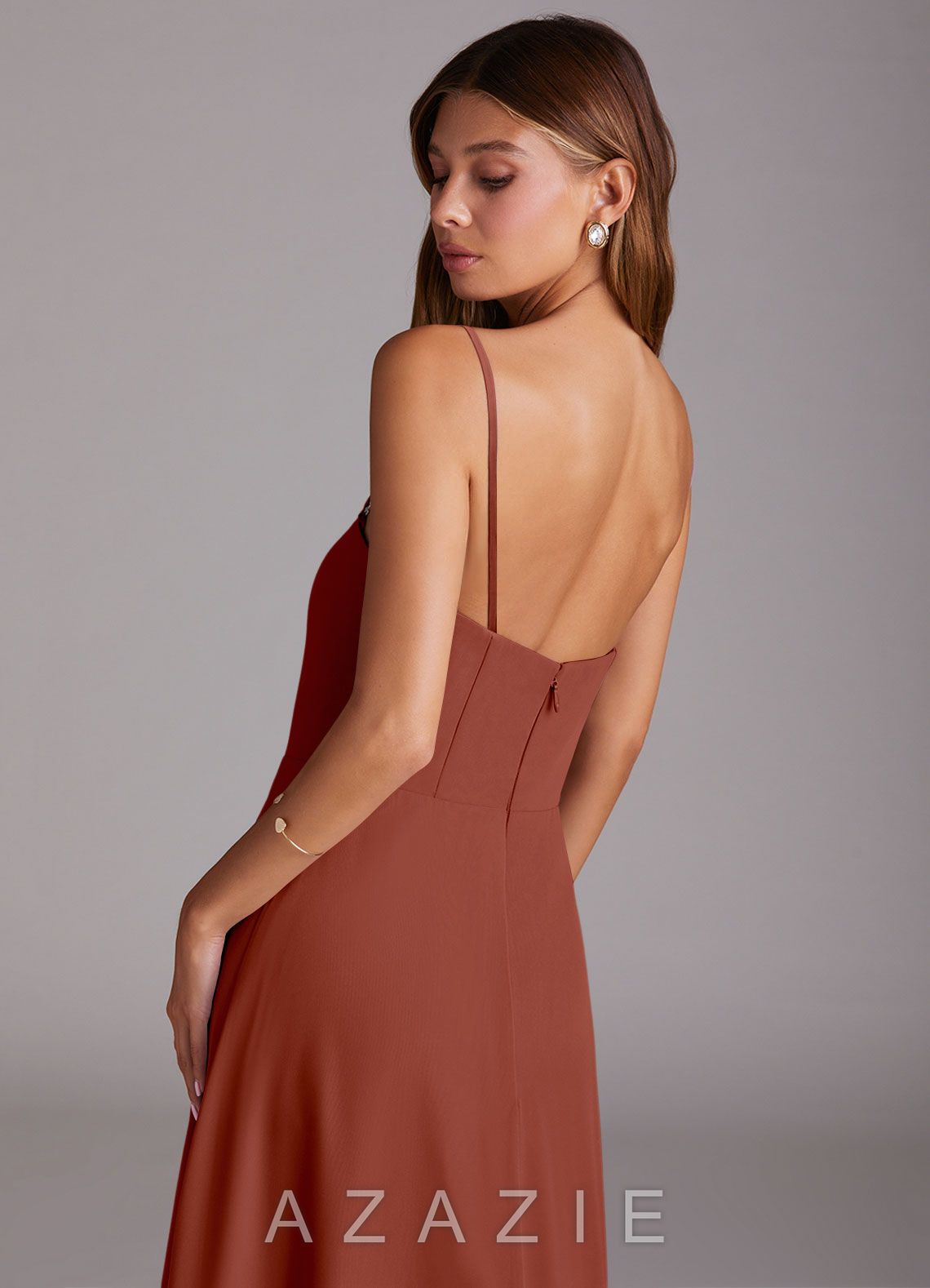 Azazie Wren Auburn A-Line Side Slit Chiffon Convertible Dress auburn