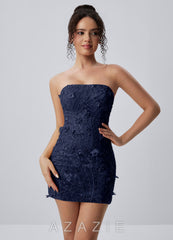 Genevrielle Navy 3D Flowers Sequin Embroidery Beading Mesh Mini Dress