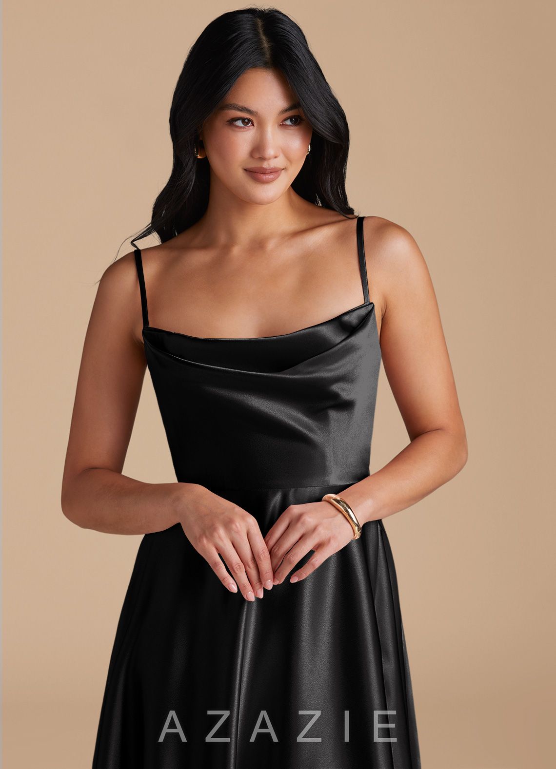 Azazie Elle Black A-Line with Pockets Metallic Satin Dress black