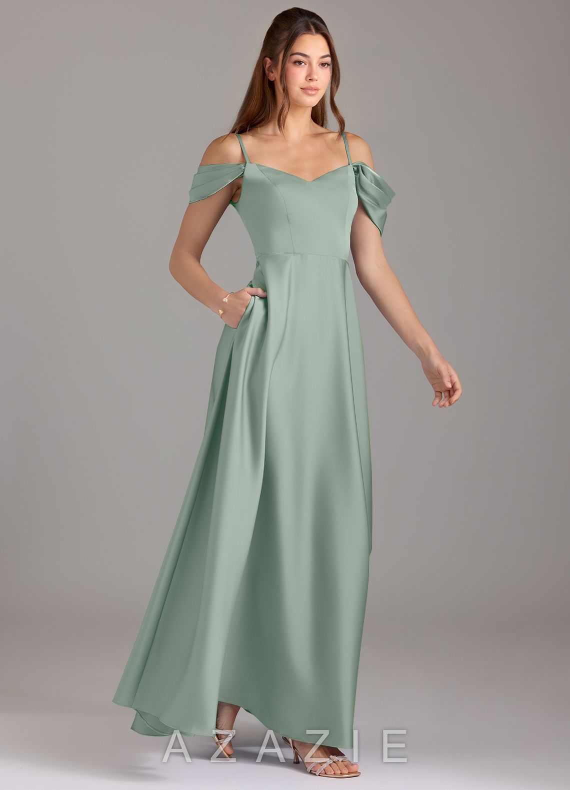 Azazie Marley Agave A-Line Off the Shoulder Stretch Satin Convertible Dress agave
