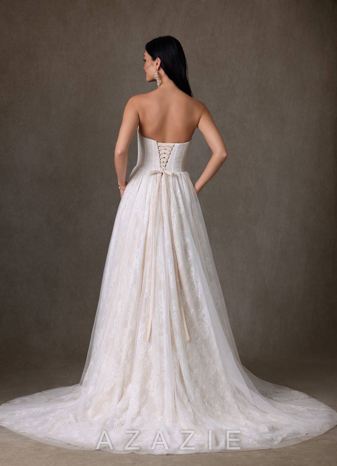 Azazie Adriana Diamond White Champagne A-Line Strapless Lace Dress